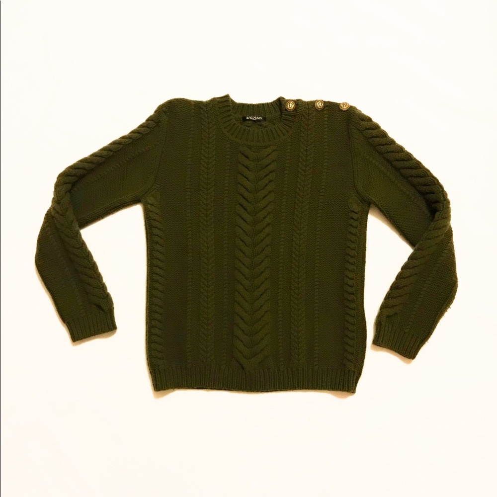 Balmain Wool Ribbed Turtleneck Gold Button Sweater